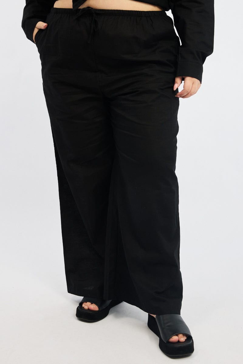 Black Linen Blend Drawstring Waist Wide Leg Pants for YouandAll Fashion