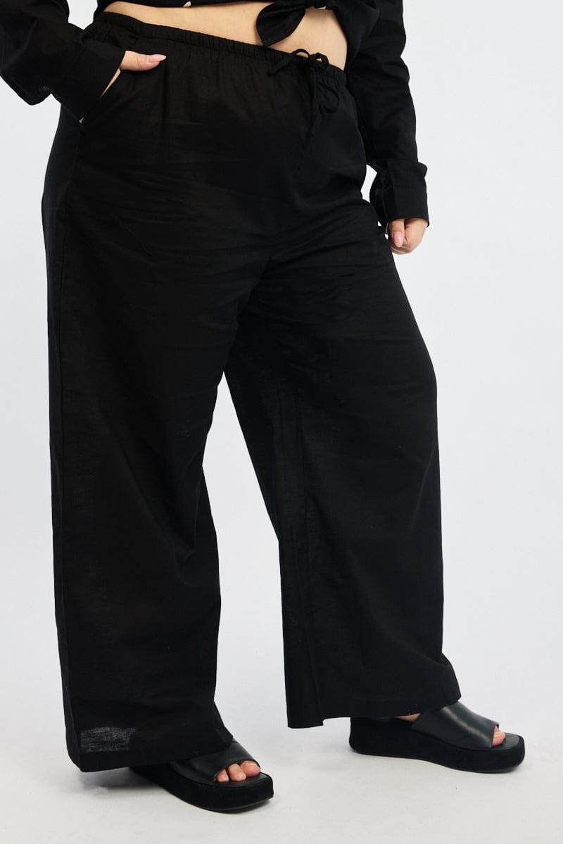 Black Linen Blend Drawstring Waist Wide Leg Pants for YouandAll Fashion