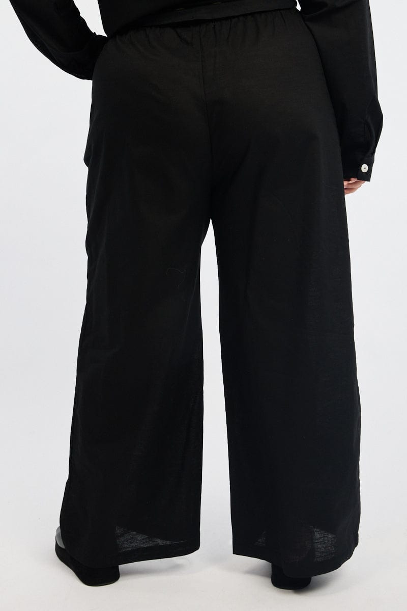 Black Linen Blend Drawstring Waist Wide Leg Pants for YouandAll Fashion