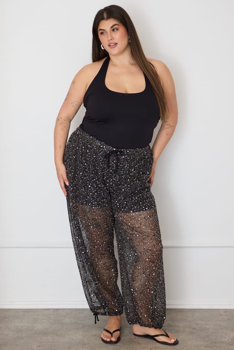 Black Metallic Mid Rise Balloon Leg Pants for YouandAll Fashion