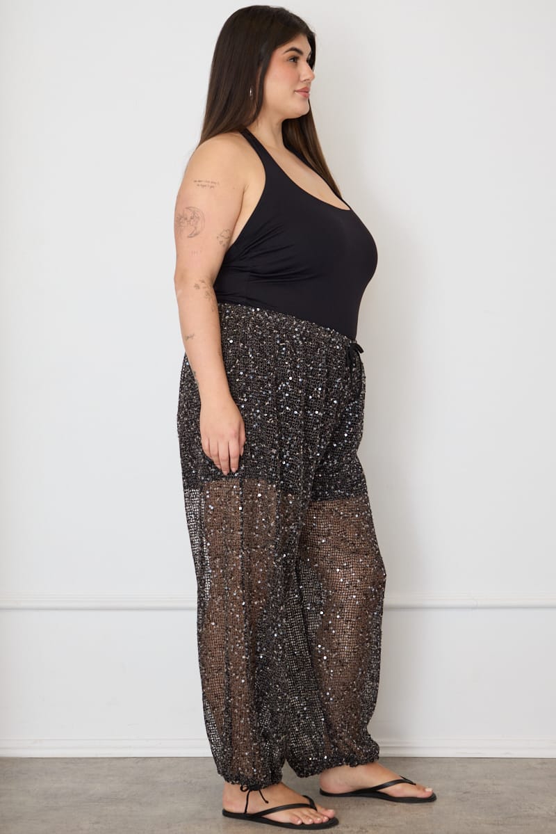 Black Metallic Mid Rise Balloon Leg Pants for YouandAll Fashion