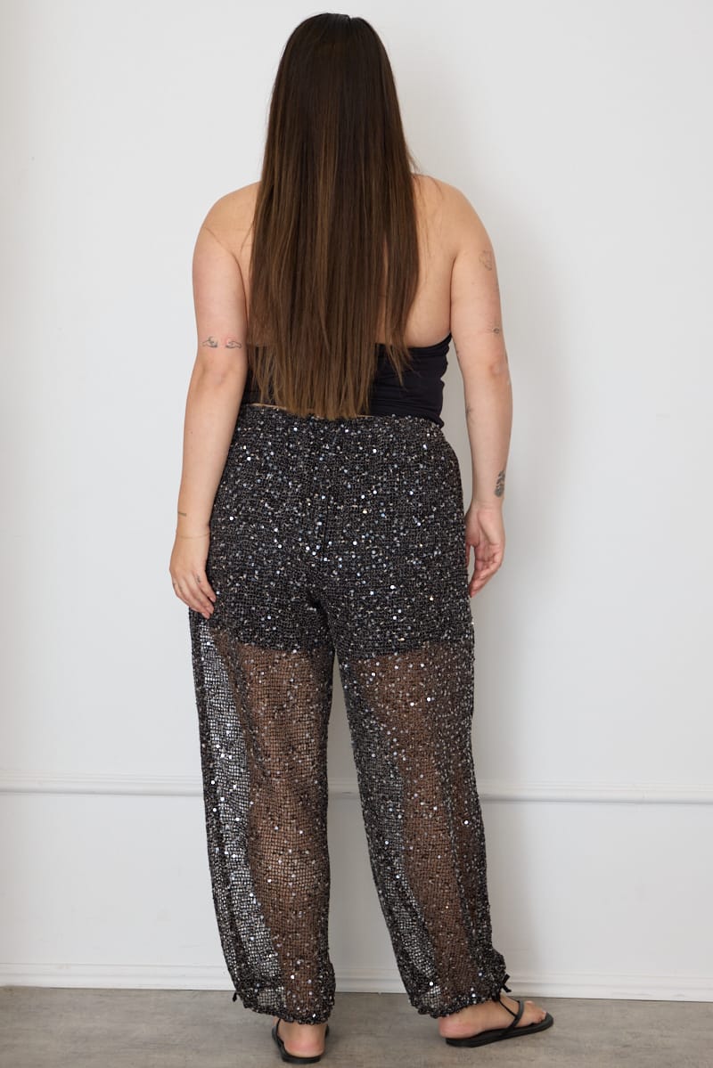 Black Metallic Mid Rise Balloon Leg Pants for YouandAll Fashion