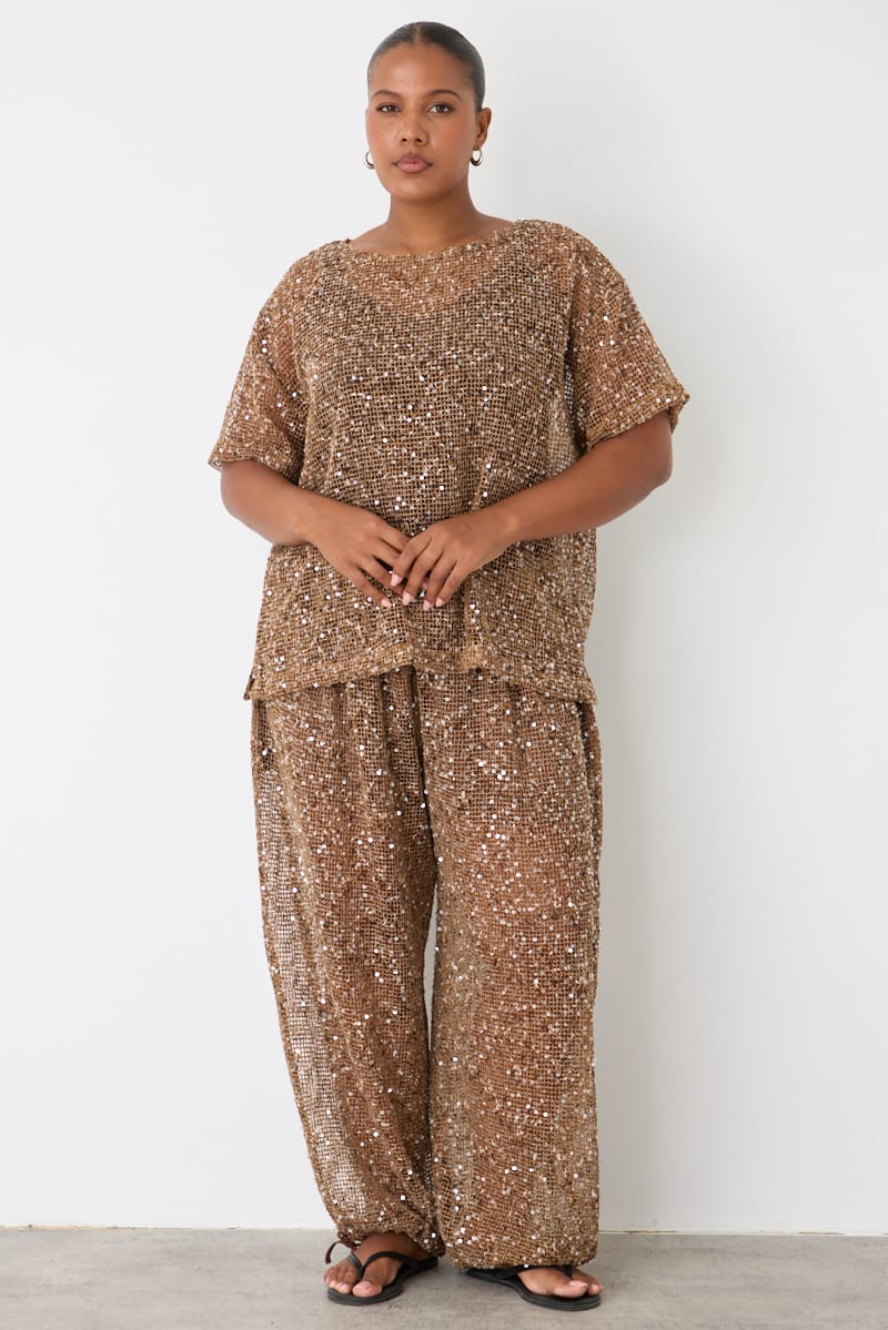 Brown Metallic Mid Rise Balloon Leg Pants for YouandAll Fashion