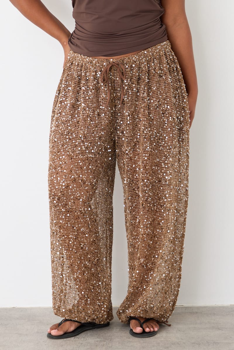 Brown Metallic Mid Rise Balloon Leg Pants for YouandAll Fashion