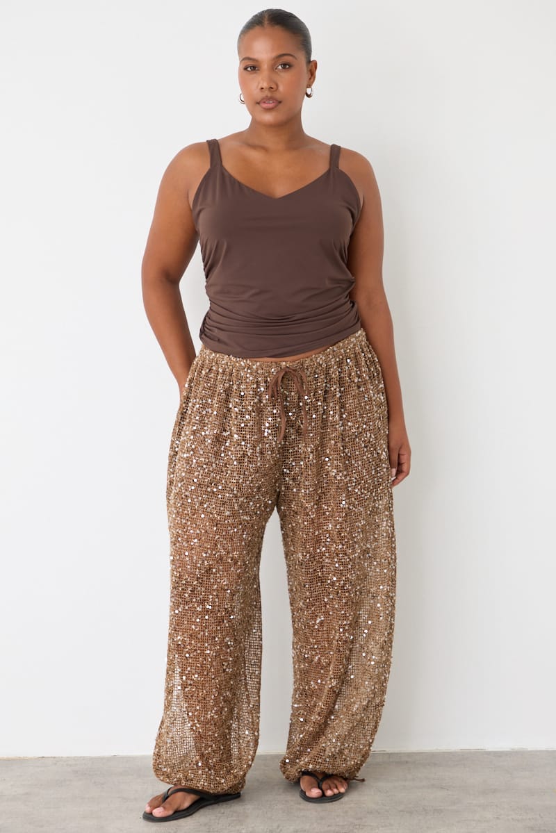 Brown Metallic Mid Rise Balloon Leg Pants for YouandAll Fashion
