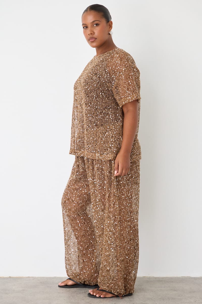 Brown Metallic Mid Rise Balloon Leg Pants for YouandAll Fashion