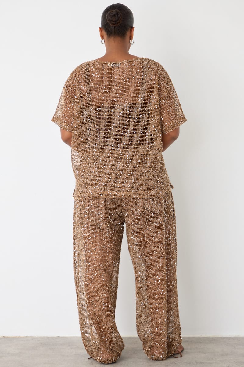 Brown Metallic Mid Rise Balloon Leg Pants for YouandAll Fashion