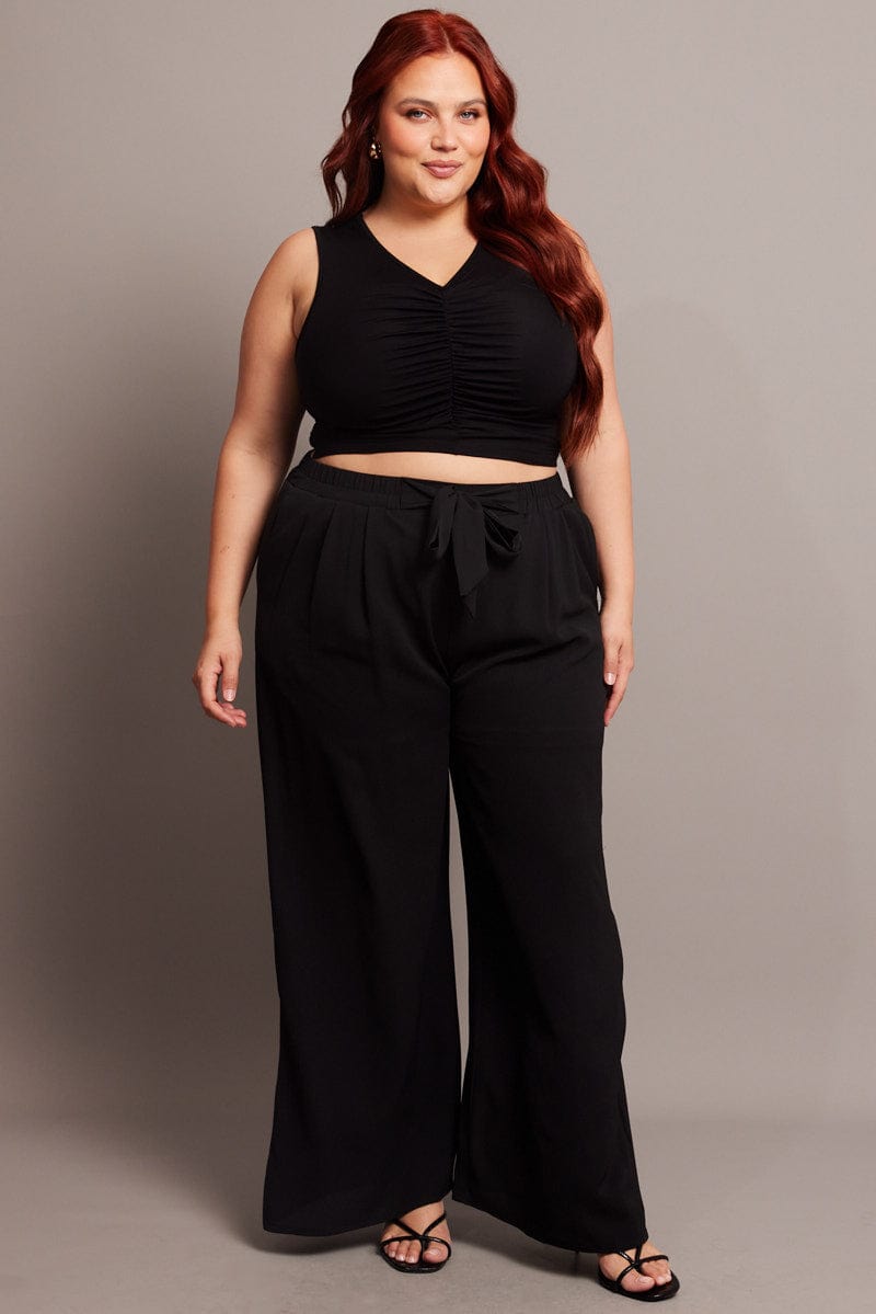 Black High Waist Crepe Wide Leg Pants You All