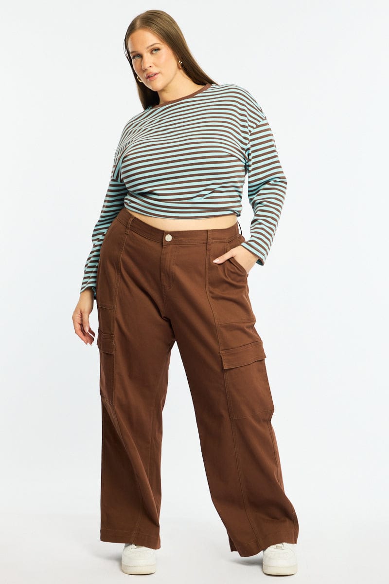 Brown Cargo Pants Elastic Waist for YouandAll Fashion