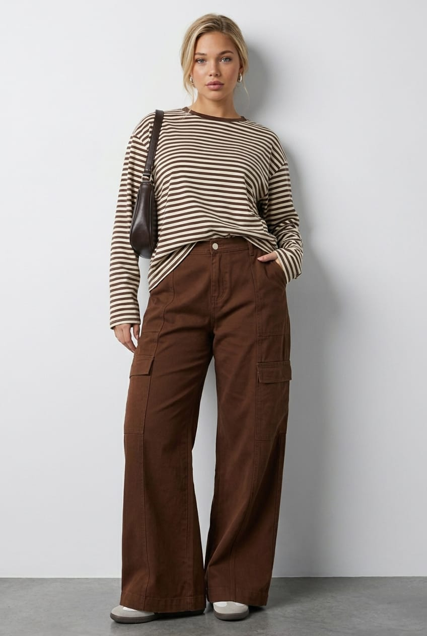 Brown Cargo Pants Elastic Waist for YouandAll Fashion