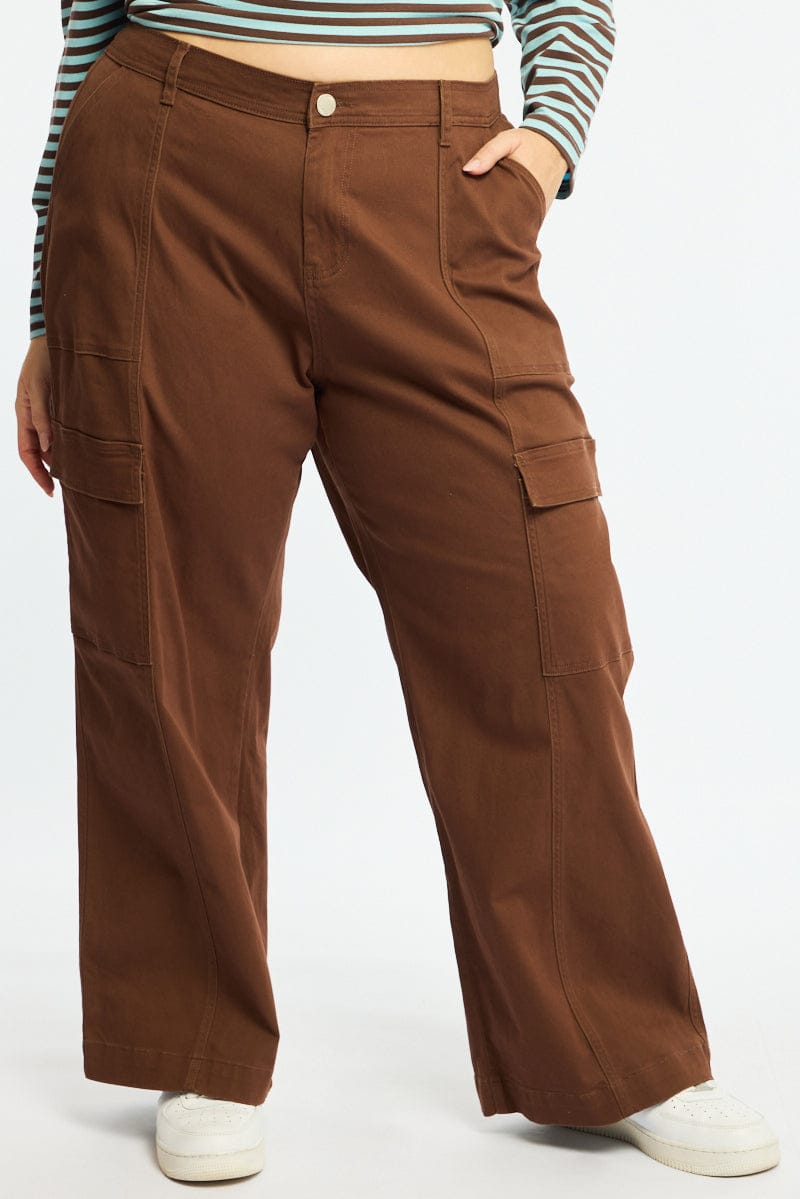 Brown Cargo Pants Elastic Waist for YouandAll Fashion