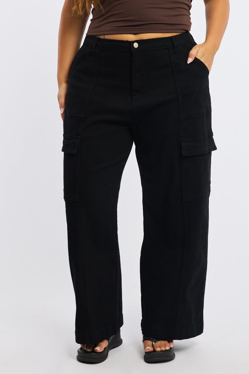 Black Cargo Pants Stretch Cotton Elastic Waist for YouandAll Fashion