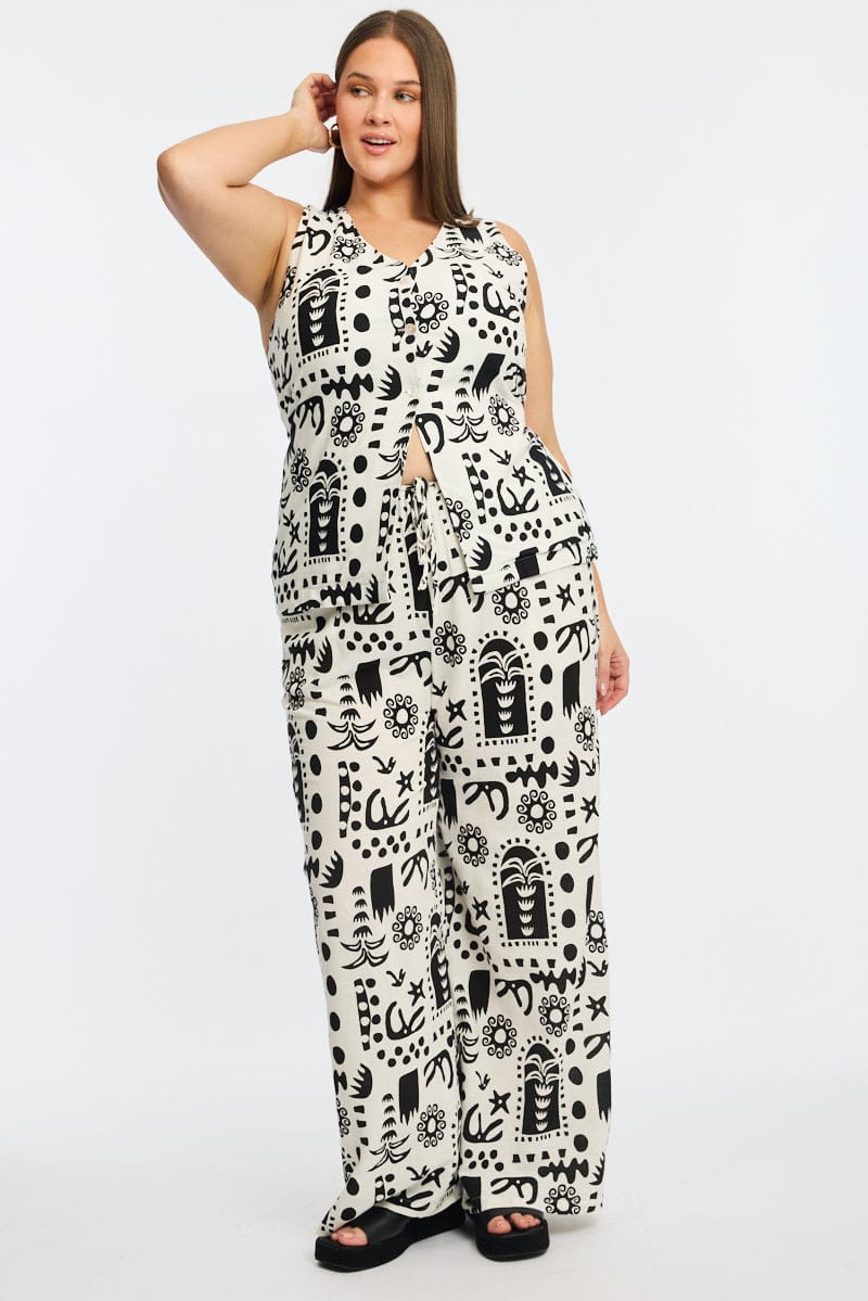 White Abstract Wide Leg Pants Linen Blend for YouandAll Fashion