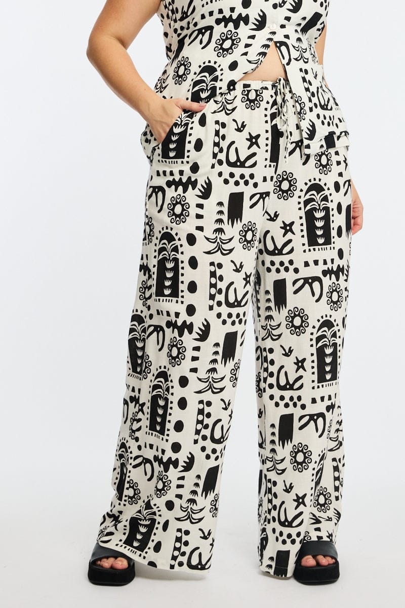 White Abstract Wide Leg Pants Linen Blend for YouandAll Fashion