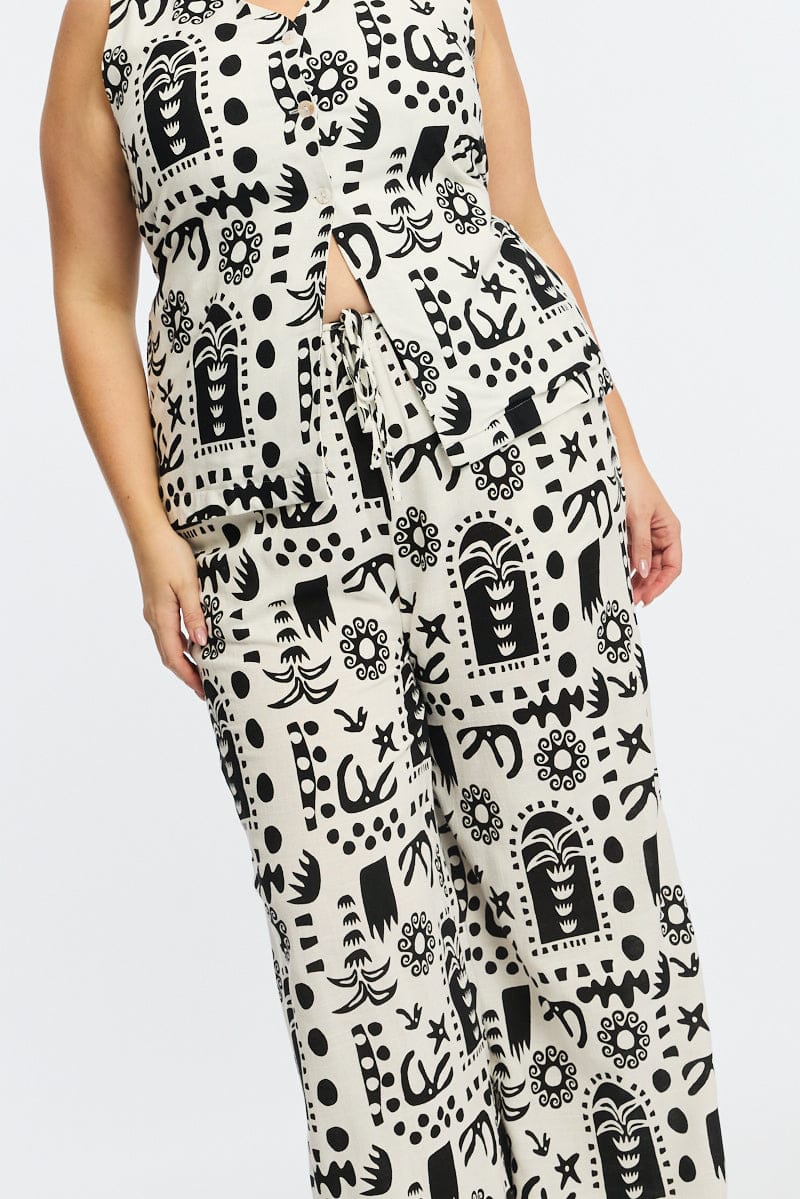 White Abstract Wide Leg Pants Linen Blend for YouandAll Fashion