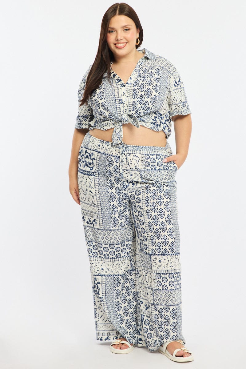 Blue Boho Wide Leg Pants Linen Blend for YouandAll Fashion