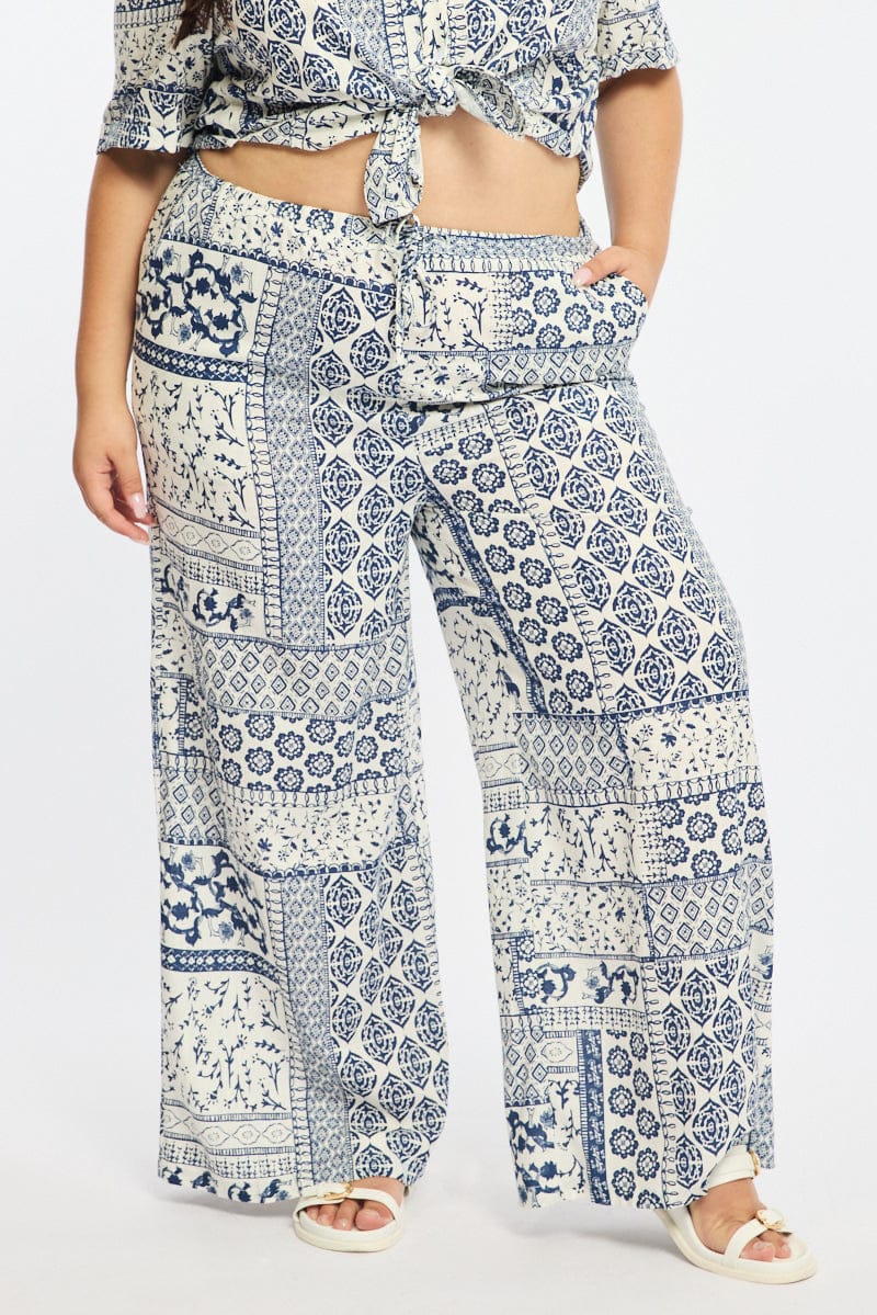 Blue Boho Wide Leg Pants Linen Blend for YouandAll Fashion