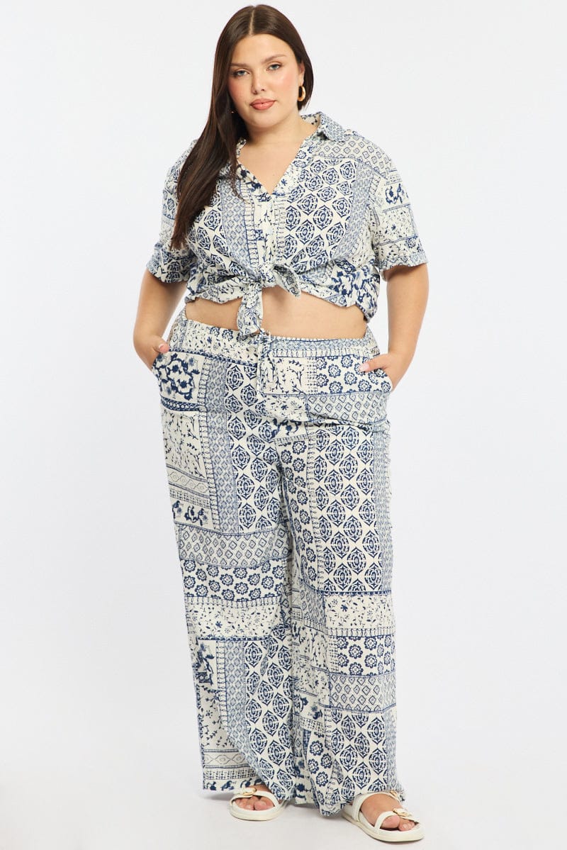 Blue Boho Wide Leg Pants Linen Blend for YouandAll Fashion