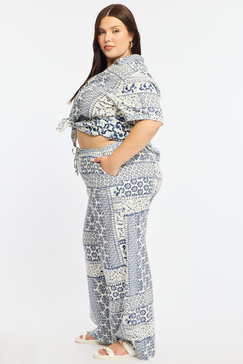 Blue Boho Wide Leg Pants Linen Blend for YouandAll Fashion