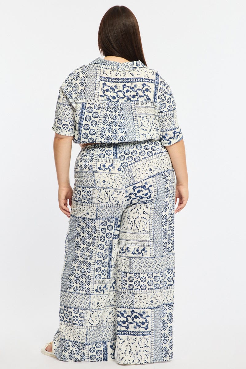 Blue Boho Wide Leg Pants Linen Blend for YouandAll Fashion