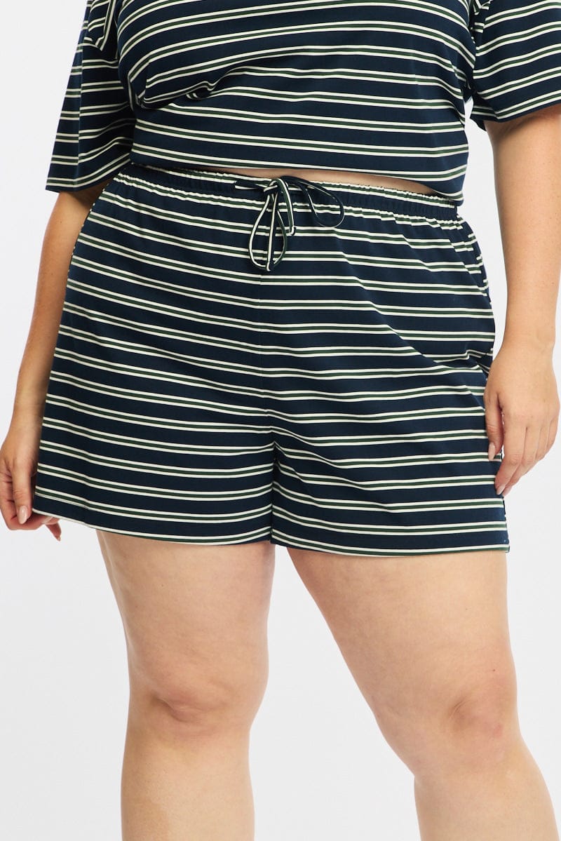 Green Stripe Shorts Elastic Waist for YouandAll Fashion