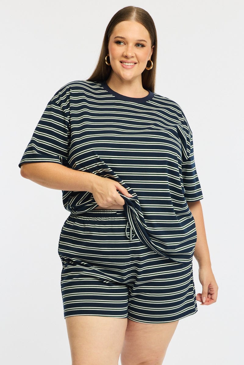 Green Stripe Shorts Elastic Waist for YouandAll Fashion