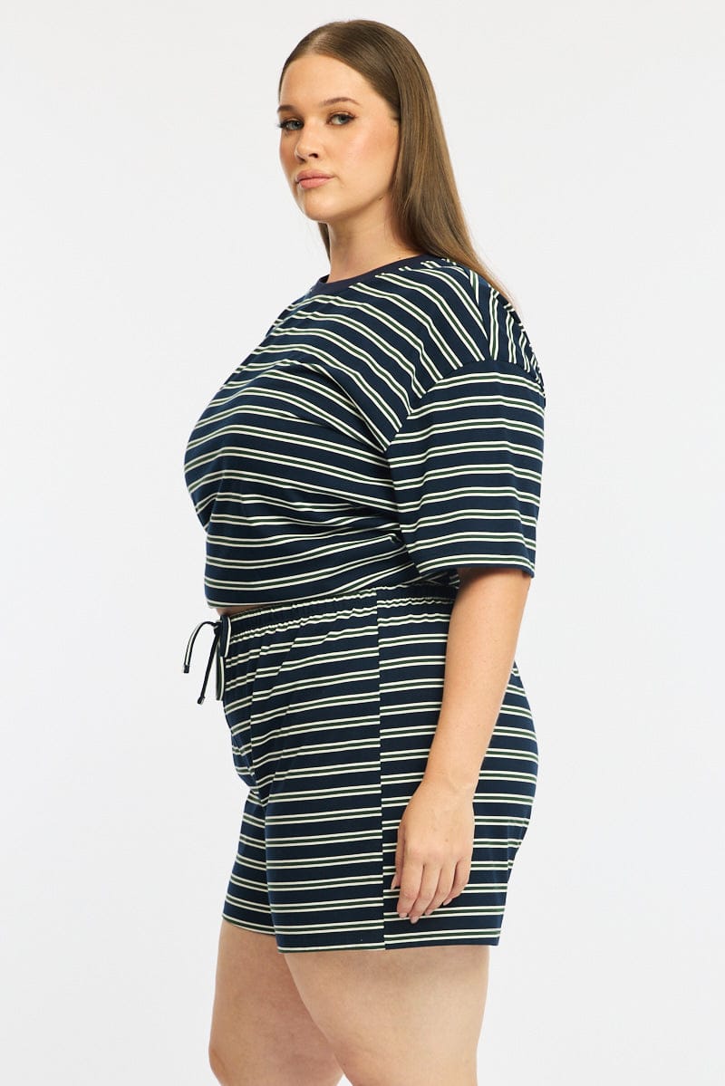 Green Stripe Shorts Elastic Waist for YouandAll Fashion