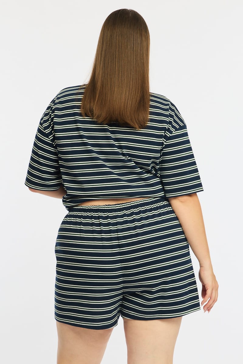 Green Stripe Shorts Elastic Waist for YouandAll Fashion