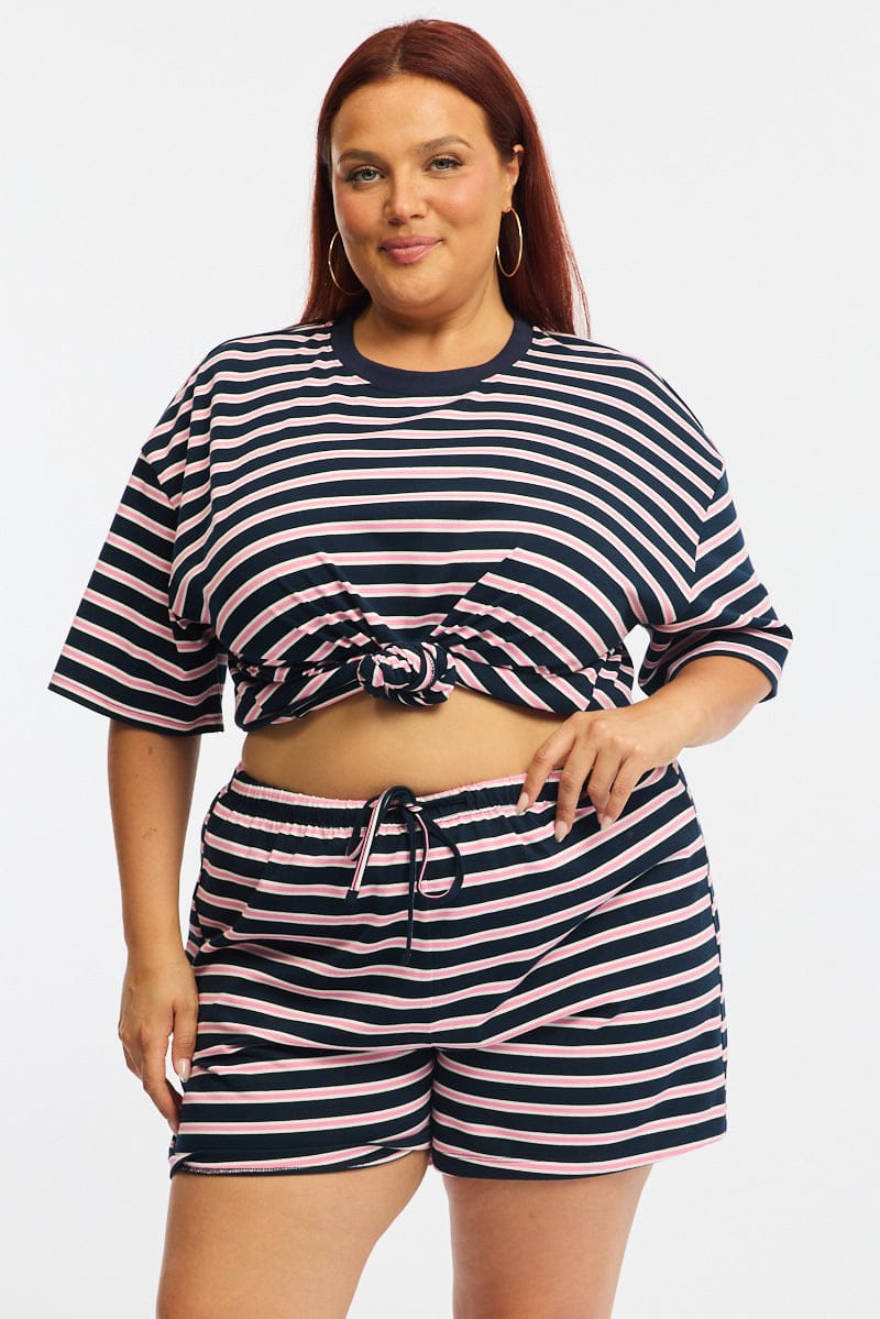Pink Stripe Shorts Elastic Waist for YouandAll Fashion