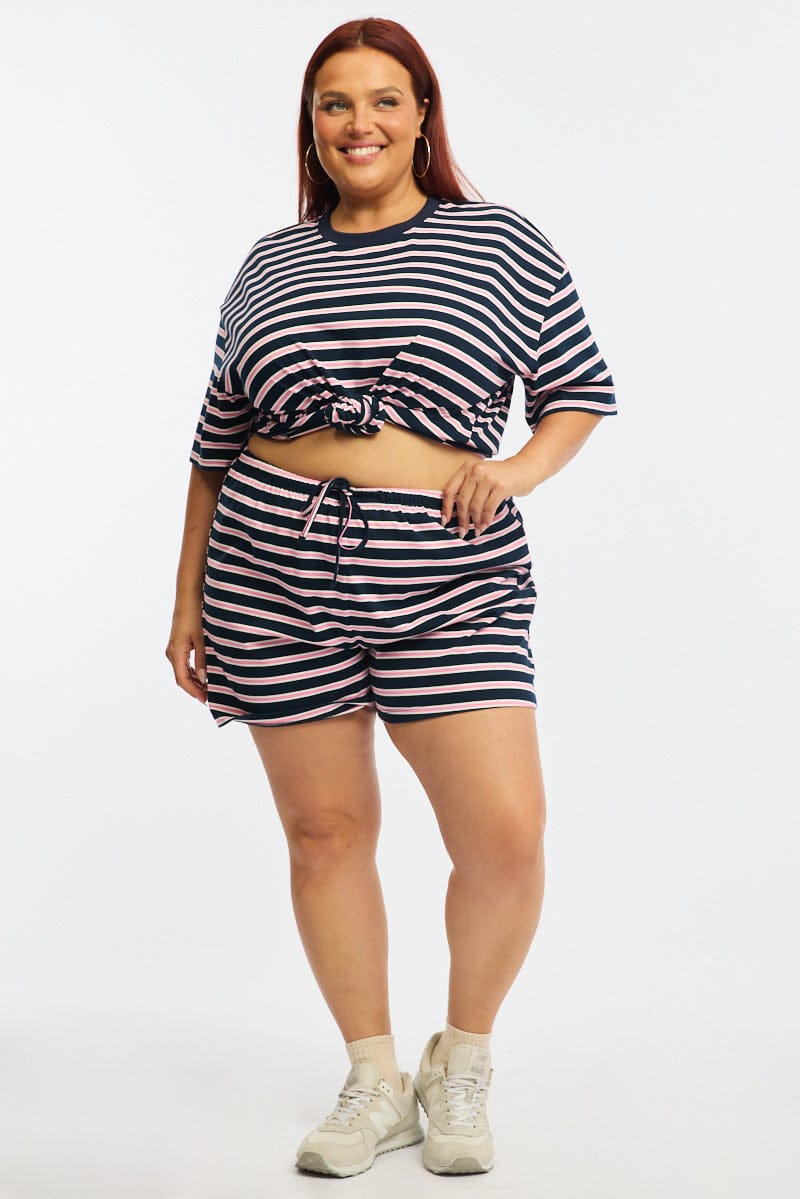 Pink Stripe Shorts Elastic Waist for YouandAll Fashion