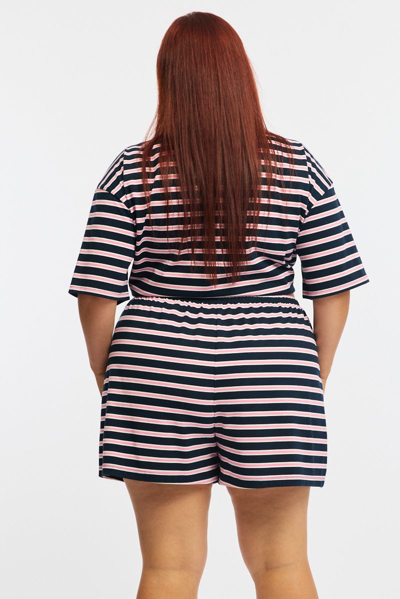 Pink Stripe Shorts Elastic Waist for YouandAll Fashion