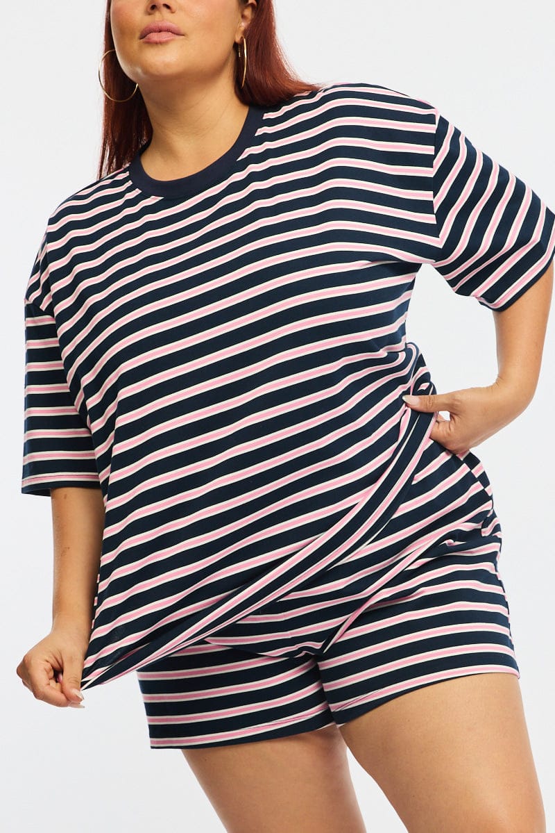 Pink Stripe Shorts Elastic Waist for YouandAll Fashion