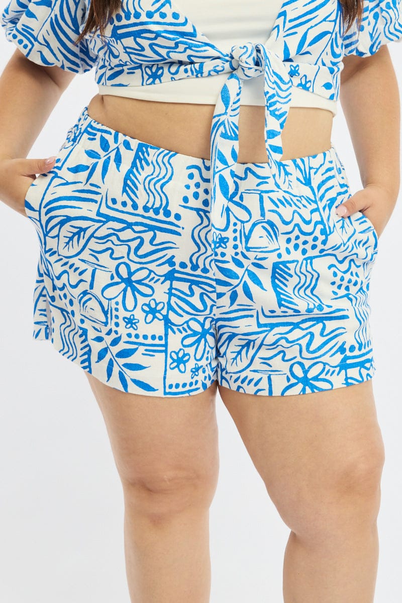 Blue Abstract Linen Elastic Waist Shorts for YouandAll Fashion