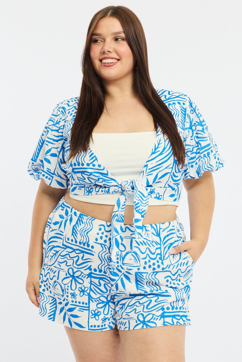 Blue Abstract Linen Elastic Waist Shorts for YouandAll Fashion