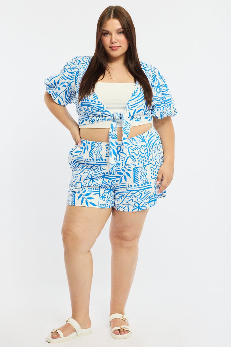 Blue Abstract Linen Elastic Waist Shorts for YouandAll Fashion