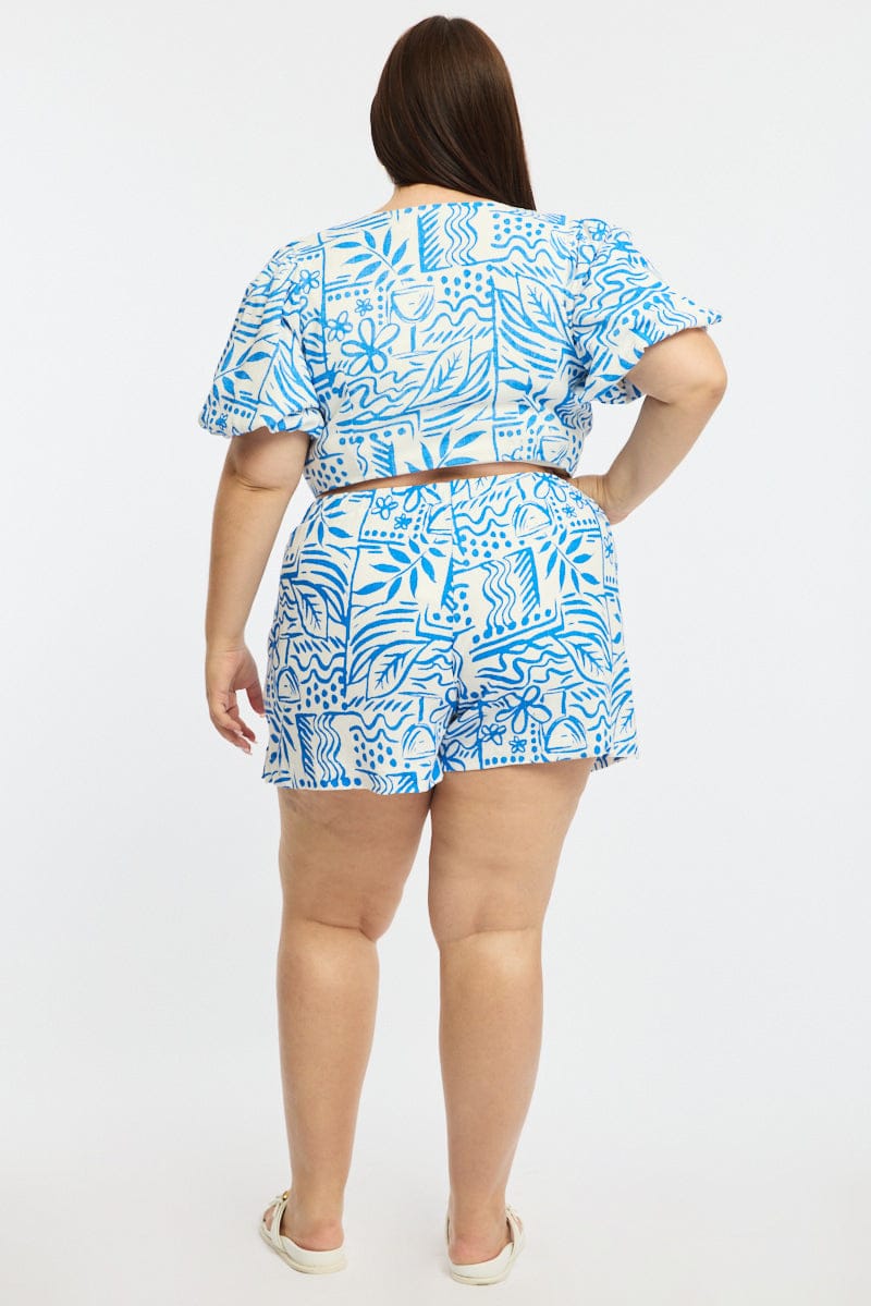 Blue Abstract Linen Elastic Waist Shorts for YouandAll Fashion