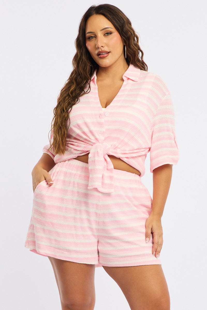 Pink Stripe Elastic Waist Shorts for YouandAll Fashion