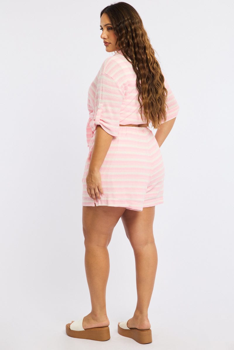Pink Stripe Elastic Waist Shorts for YouandAll Fashion