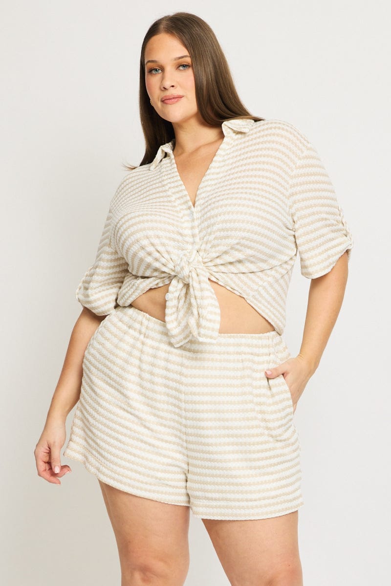 Beige Stripe Elastic Waist Shorts for YouandAll Fashion