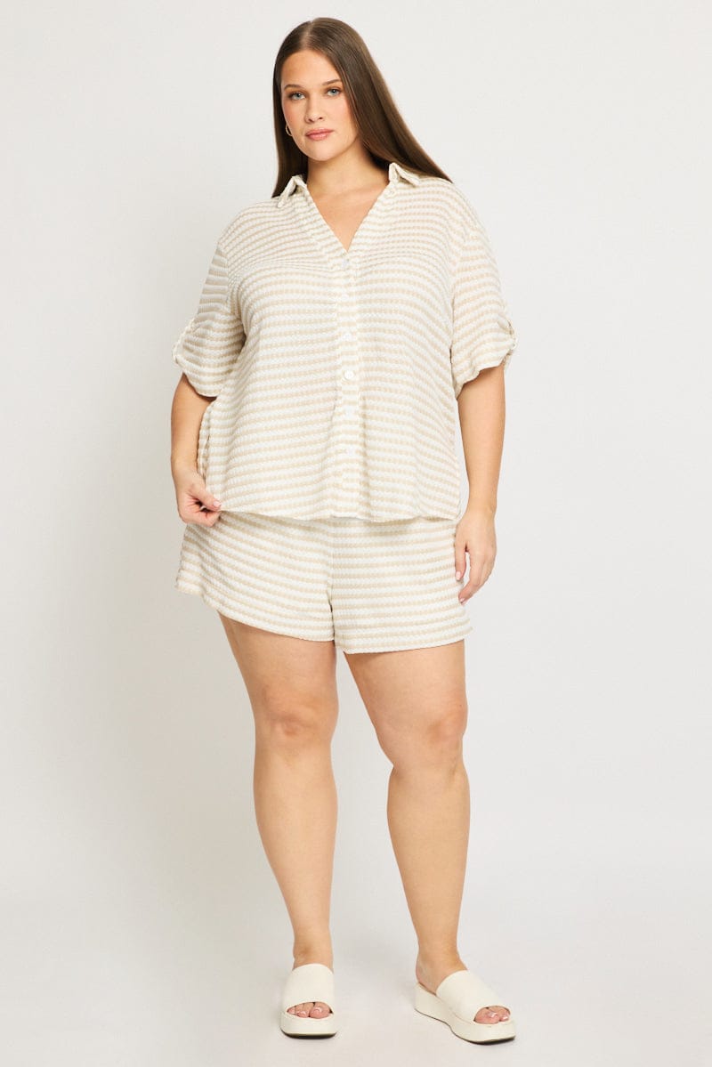 Beige Stripe Elastic Waist Shorts for YouandAll Fashion