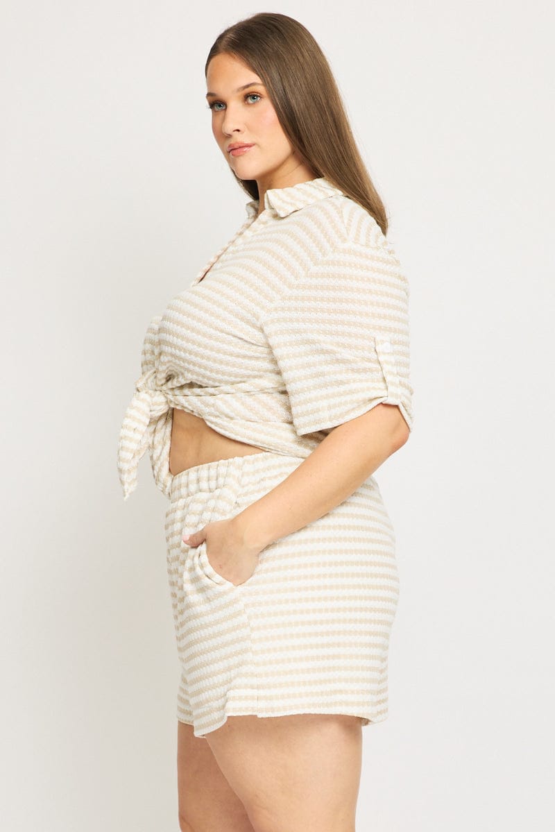 Beige Stripe Elastic Waist Shorts for YouandAll Fashion