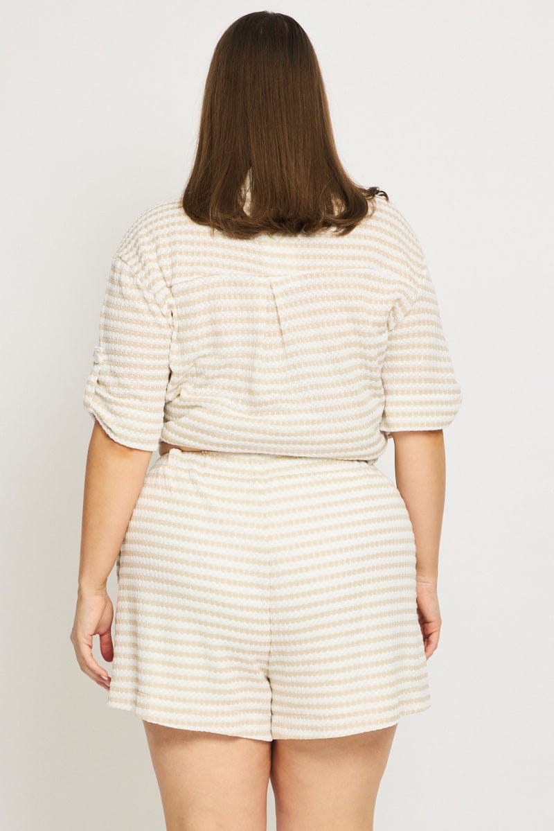 Beige Stripe Elastic Waist Shorts for YouandAll Fashion