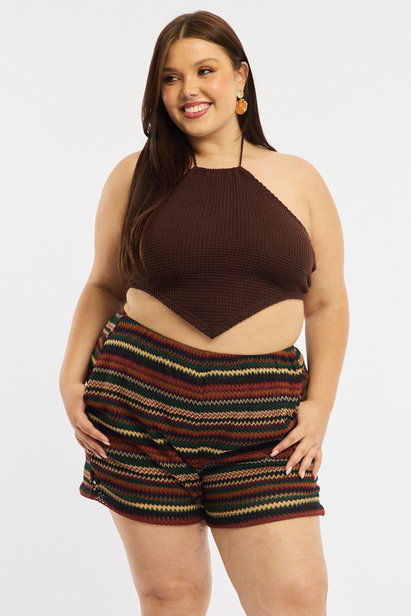 Brown Stripe Shorts Elastic Waist for YouandAll Fashion