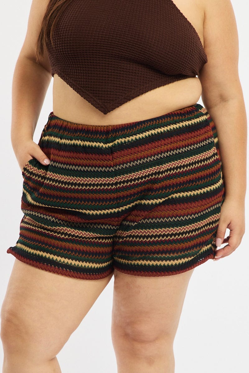 Brown Stripe Shorts Elastic Waist for YouandAll Fashion