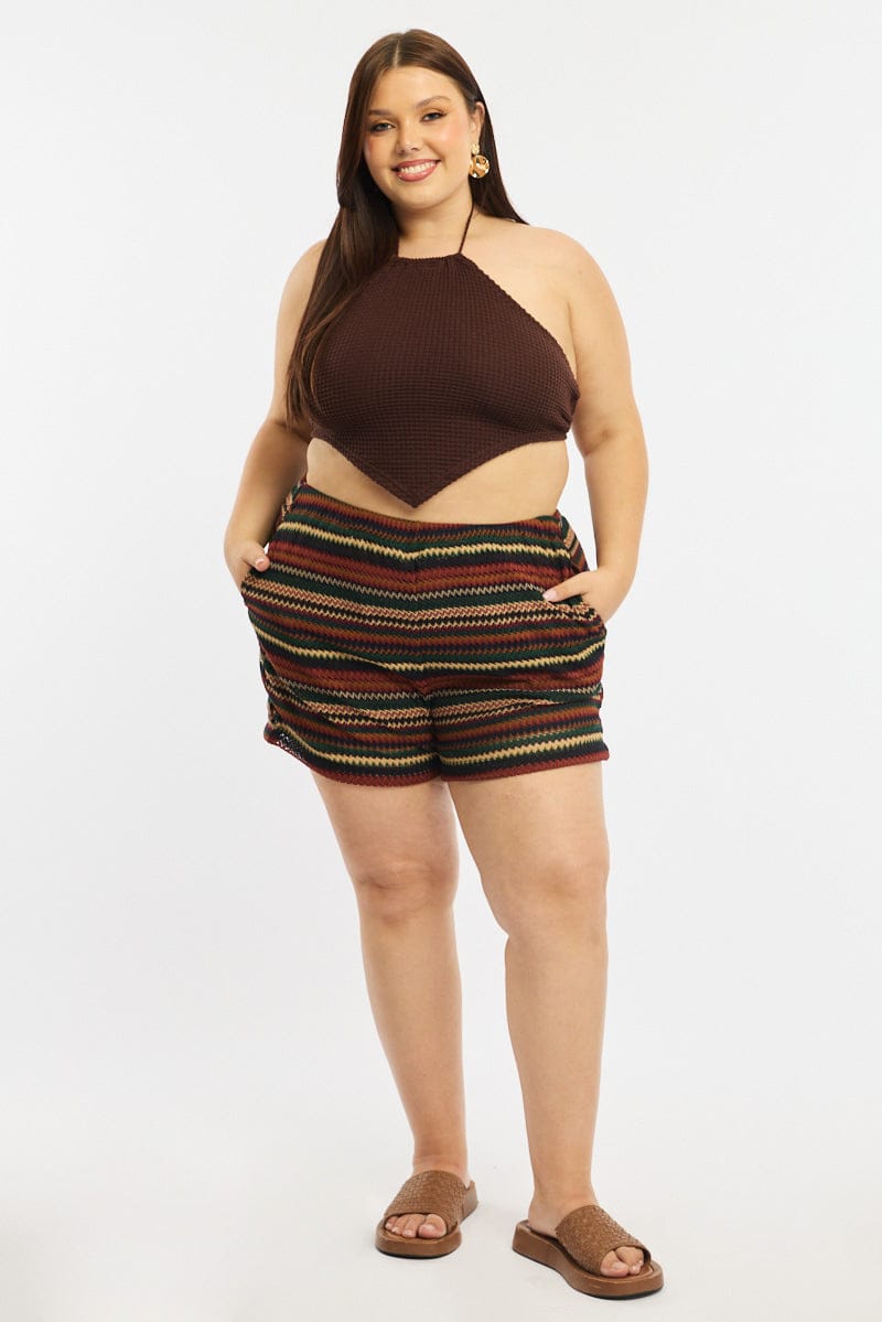 Brown Stripe Shorts Elastic Waist for YouandAll Fashion