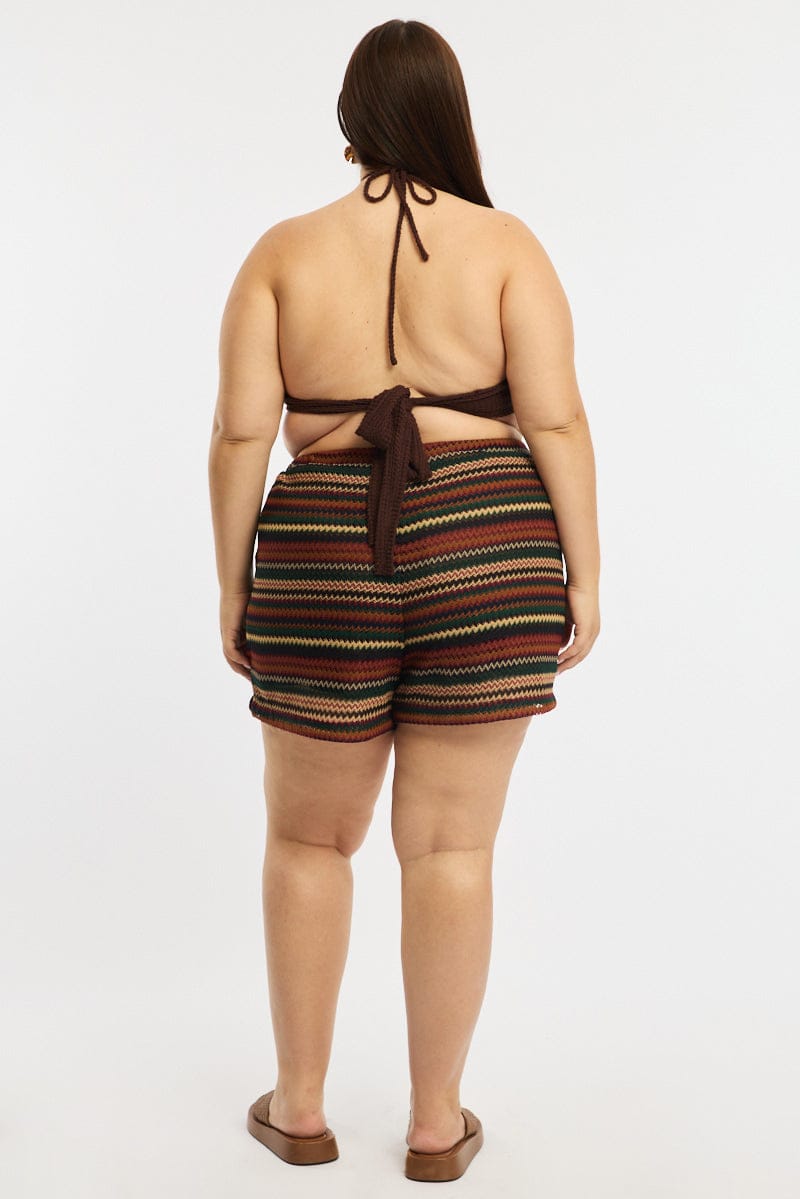 Brown Stripe Shorts Elastic Waist for YouandAll Fashion