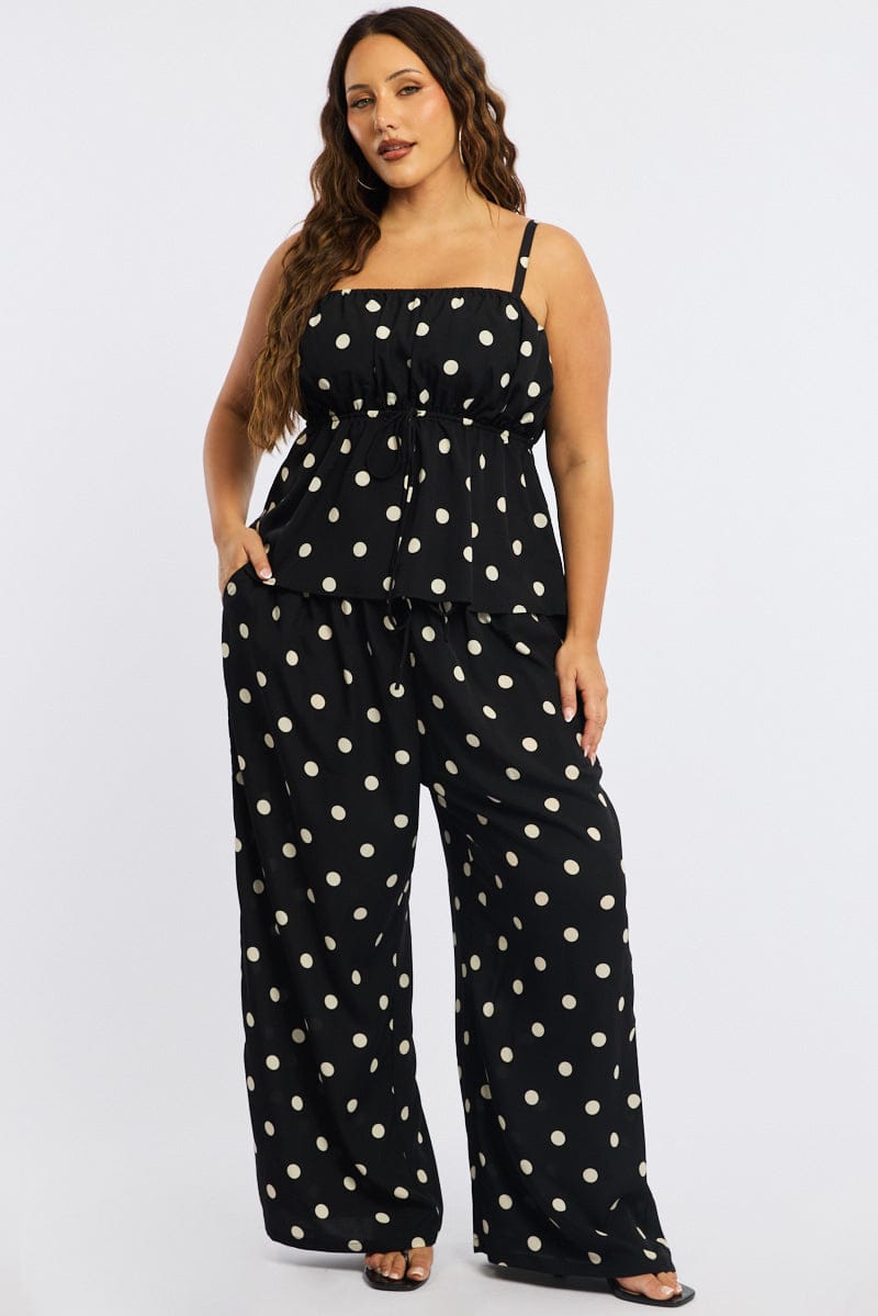 Black Polka Dot Wide Leg Pants Elastic Waist for YouandAll Fashion