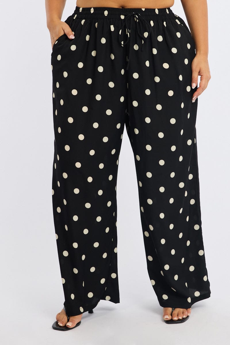 Black Polka Dot Wide Leg Pants Elastic Waist for YouandAll Fashion