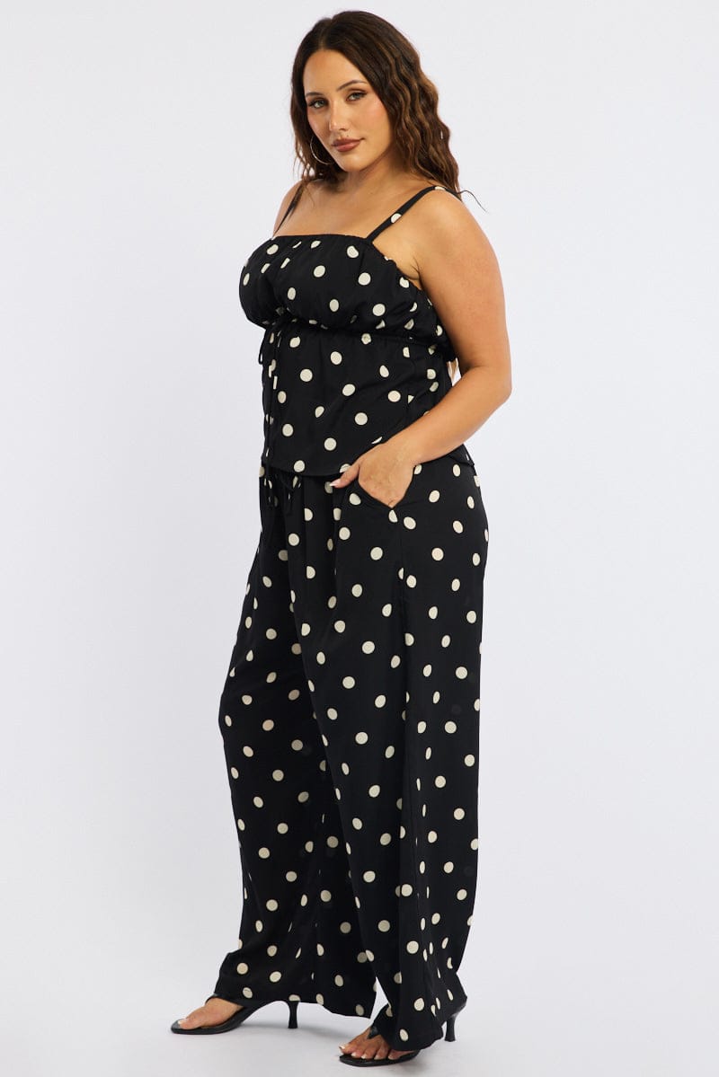 Black Polka Dot Wide Leg Pants Elastic Waist for YouandAll Fashion