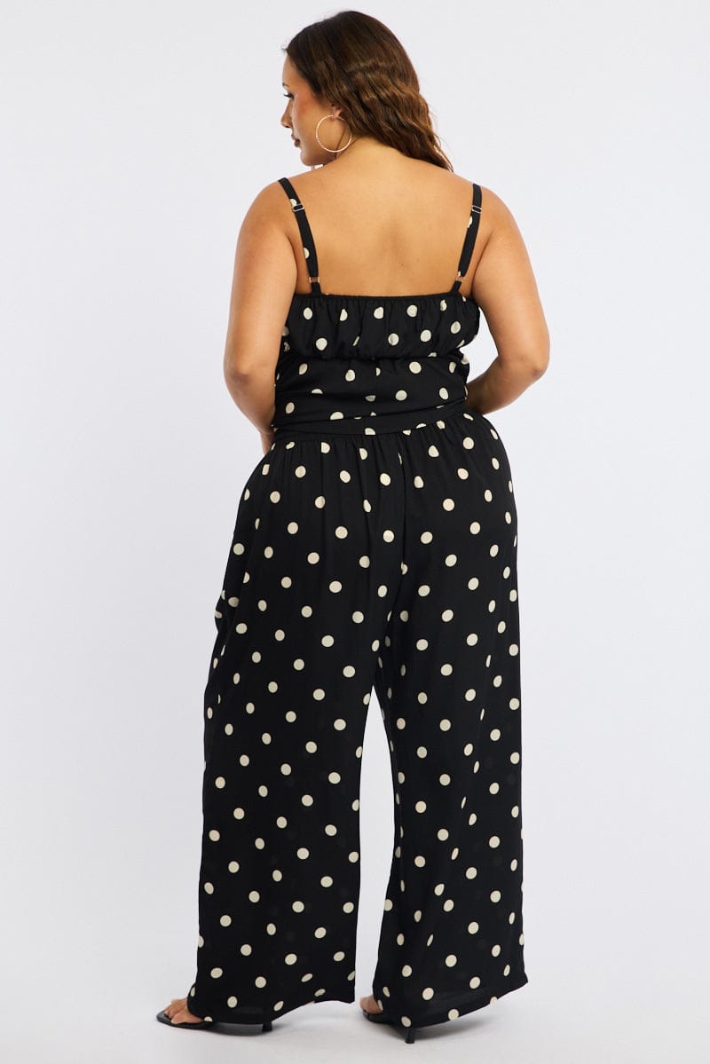 Black Polka Dot Wide Leg Pants Elastic Waist for YouandAll Fashion
